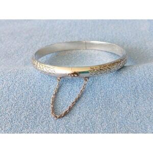 Vintage Sterling Silver Puffy Bangle Bracelet Diamond Etched Cut 925